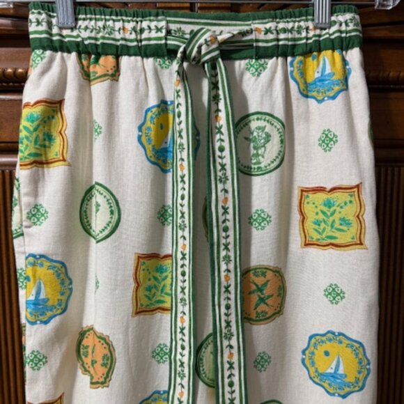 Maison d'Amelie Paris Linen Blend Pants Sailboats Floral Birds Wide Leg XS NWT - Picture 2 of 5